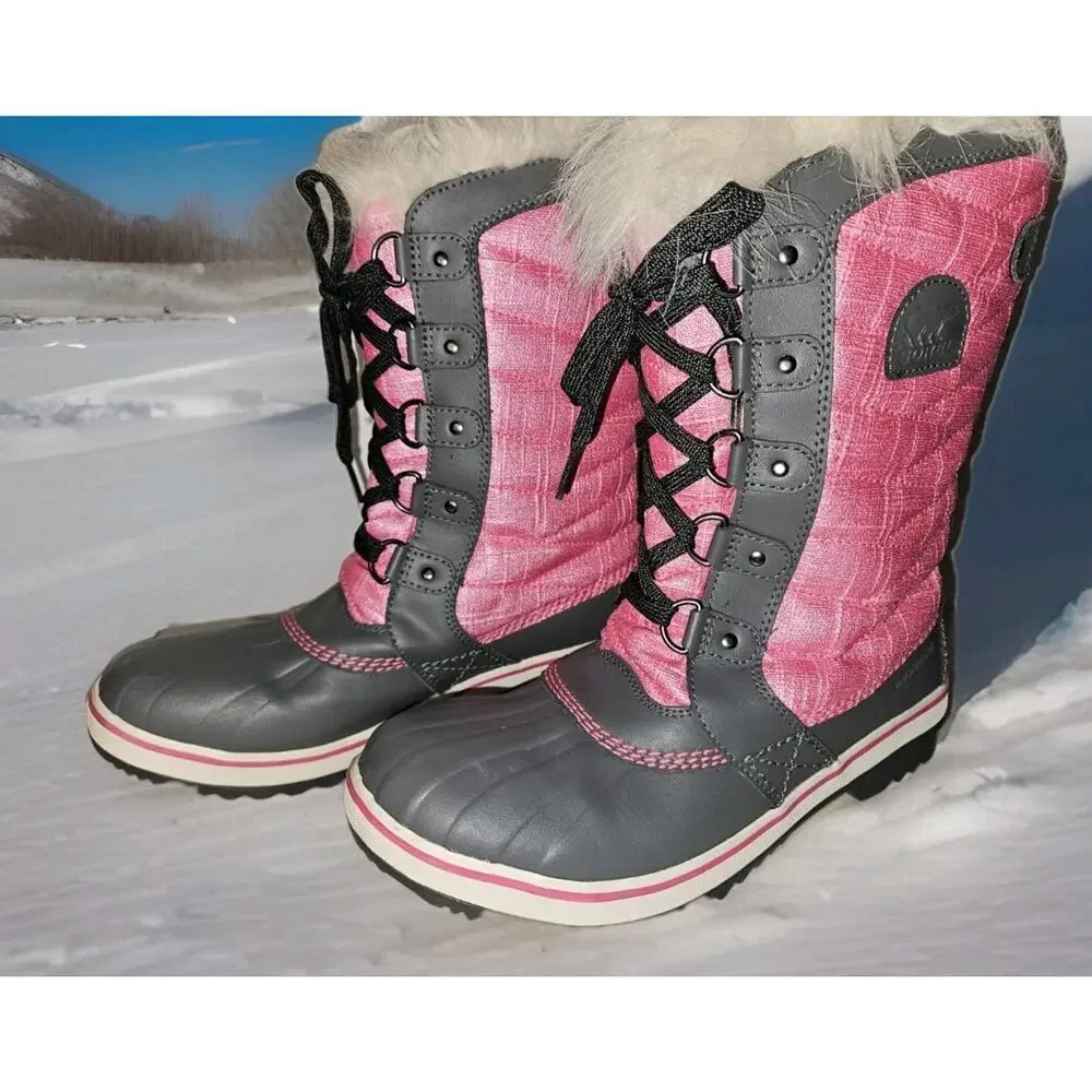 Sorel Tofino II Snow Boots YOUTH Size 6 Pink Gray Waterproof Fleece Fur Trim